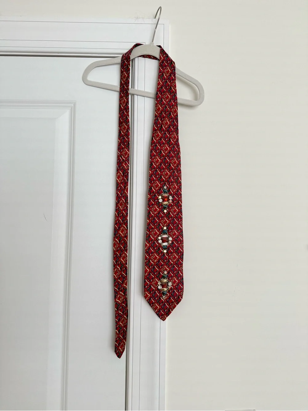 Dior Maroon Geometric Silk Tie with Swarovski Medallion Accents